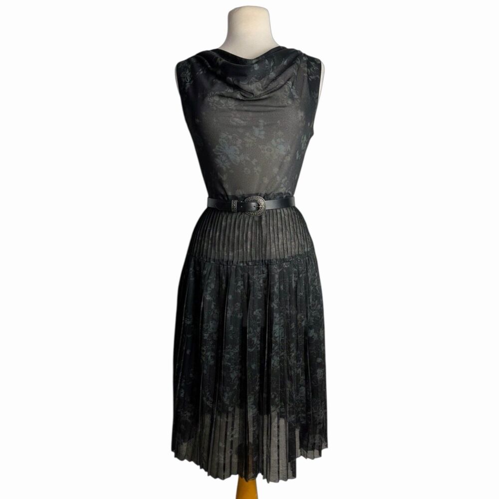 Whimsigoth Black Pleated Midi Dress Sheer Chiffon Cowl Neck Floral Small